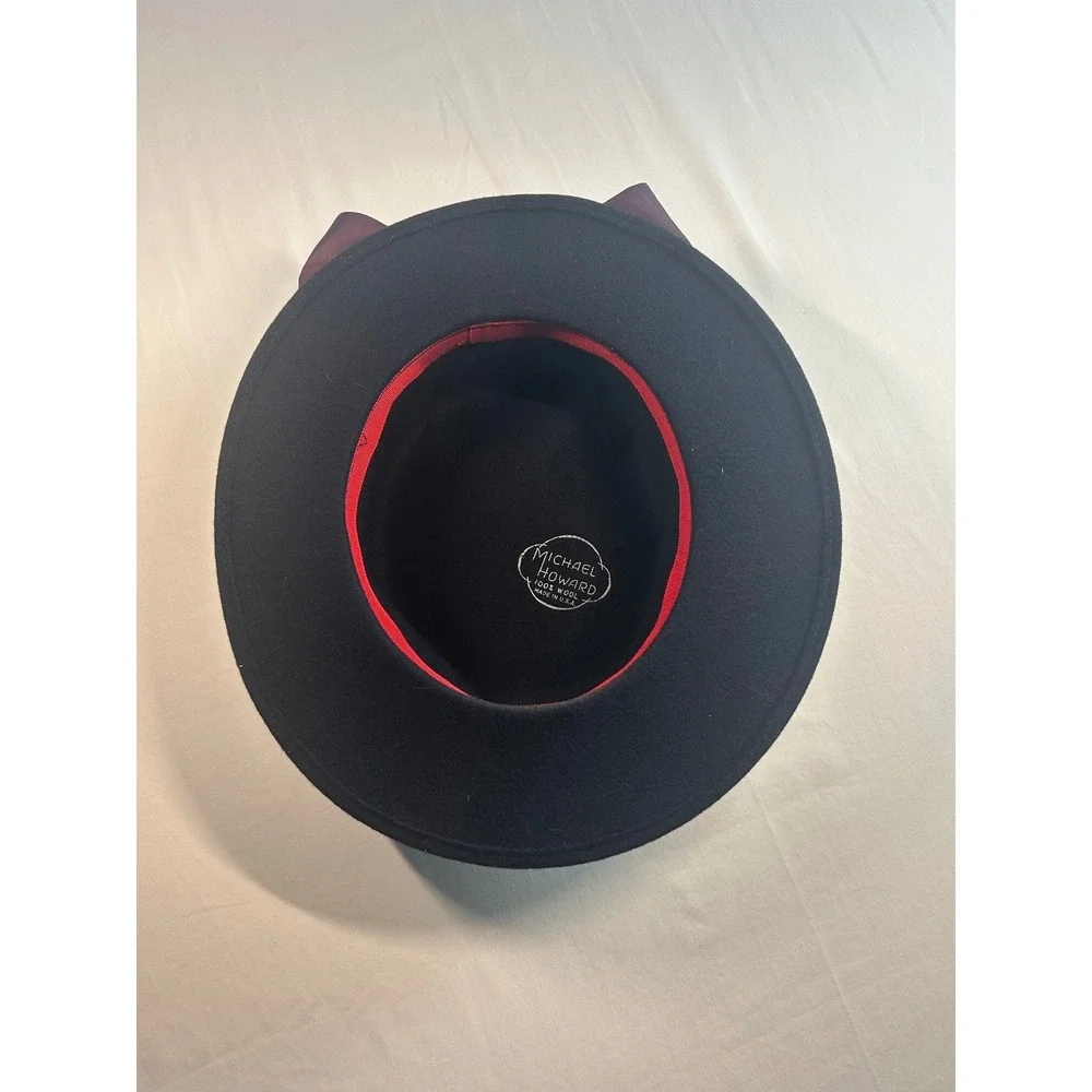 Michael Howard Wool Bow Hat Women OS Black Vintage Wide Brim Satin Trim